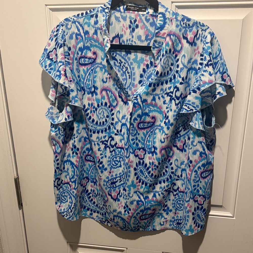 Blue Paisley Ruffle Sleeve Blouse by Dana Buchman